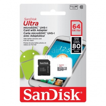 MicroSD 64GB SanDisk Class 10 Ultra (80 Mb/s) + SD адаптер - фото, изображение, картинка
