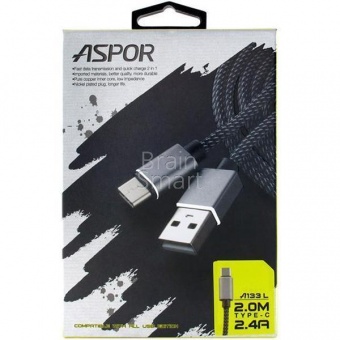 USB кабель Type-C Aspor A133L трос (2м) (2.4A) Черный - фото, изображение, картинка