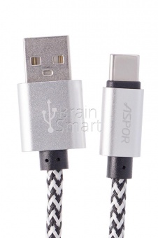 USB кабель Type-C Aspor А162 в тканевой оплётке 30 cm (3.0A) Серебряный - фото, изображение, картинка