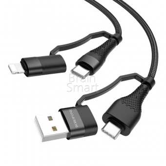 USB кабель 4в1 Type-C to Type-C+Lightning+USB-A Borofone BU28 Nylon 60W (1.2м) Черный* - фото, изображение, картинка