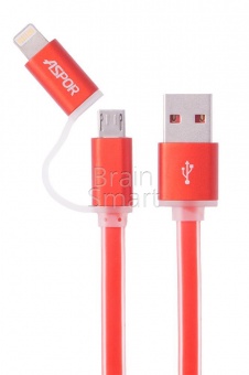 USB кабель Micro+Lightning Aspor A113 круглый в силиконе (1м) (2.1A) Красный - фото, изображение, картинка