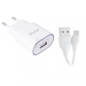 СЗУ Aspor А818 1USB + кабель Lightning (1A/IQ) Белый - фото, изображение, картинка