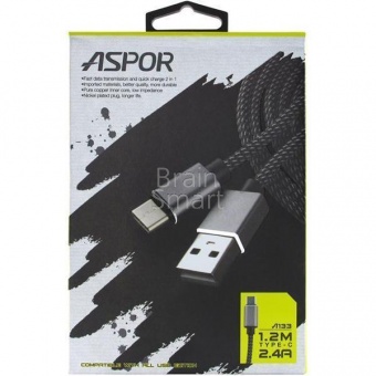 USB кабель Type-C Aspor A133 трос (1,2м) (2.4A) Черный - фото, изображение, картинка