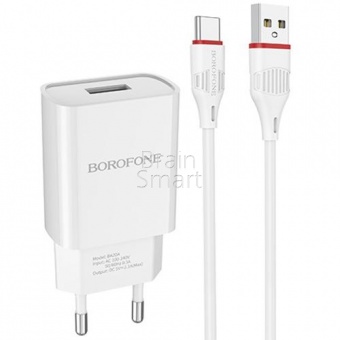 СЗУ Borofone BA20A Sharp 1USB + кабель Type-C (2,1A) Белый - фото, изображение, картинка