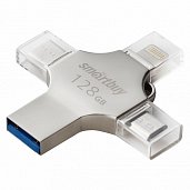 USB 3.0 Флеш-накопитель 128GB SmartBuy MC15 Quad (Type-C/Type-A/Lightning/Micro USB) OTG Серебрист* - фото, изображение, картинка