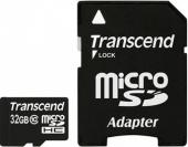 MicroSD 32GB Transcend Class 10 UHS-I + SD адаптер - фото, изображение, картинка