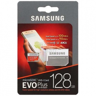 MicroSD 128GB Samsung Class 10 Evo Plus U3 (90 Mb/s) + SD адаптер - фото, изображение, картинка