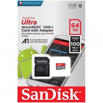 MicroSD 64GB SanDisk Class 10 Ultra (100 Mb/s) + SD адаптер - фото, изображение, картинка