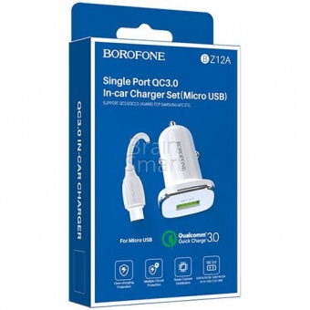 АЗУ Borofone BZ12A Lasting Power 1USB + кабель Micro (3,0A/QC3,0) Белый - фото, изображение, картинка
