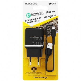 СЗУ Borofone BA36A High Speed 1USB + кабель Micro (3,0A/QC3,0/18W) Черный - фото, изображение, картинка