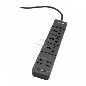 Сетевой фильтр Aspor A501 (3 розетки/10A, 4 USB входа/3.1A, 2 м) Черный - фото, изображение, картинка