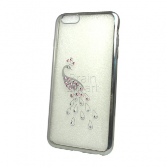 Накладка силиконовая Swarovski со стразами iPhone 6 Plus Павлин Серебряный - фото, изображение, картинка