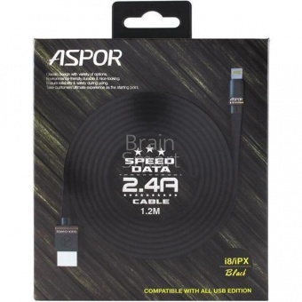 USB кабель Lightning Aspor A136 Nylon Material (1,2м) (2.4A/QC) Черный - фото, изображение, картинка