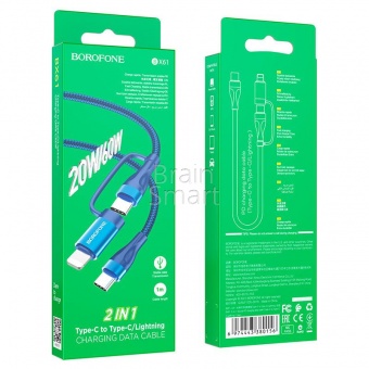 USB кабель 2в1 Type-C to Type-C+Lightning Borofone BX61 Nylon 60W (1м) Синий* - фото, изображение, картинка