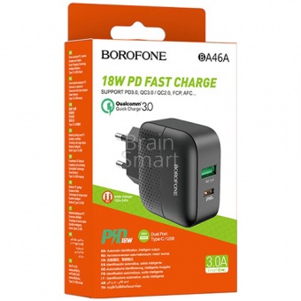 СЗУ Borofone BA46A Premium 2USB (3,0A/QC3,0/PD3,0/18W) Черный - фото, изображение, картинка