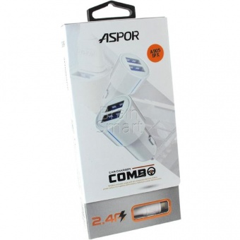АЗУ Aspor A905 2USB + кабель Lightning (2,4A/IQ) Белый - фото, изображение, картинка