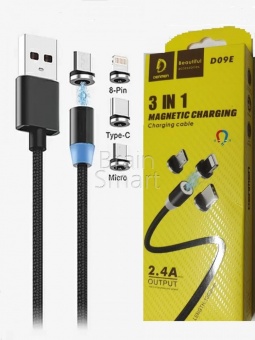 USB кабель Magnetic Lightning/Micro/Type-C Denmen D09E Nylon Material (1м/2.4A) Черный - фото, изображение, картинка