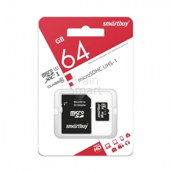 MicroSD 64GB Smart Buy Class 10 + SD адаптер - фото, изображение, картинка