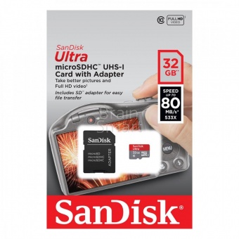 MicroSD 32GB SanDisk Class 10 Ultra UHS-I (80 Mb/s) + SD адаптер - фото, изображение, картинка