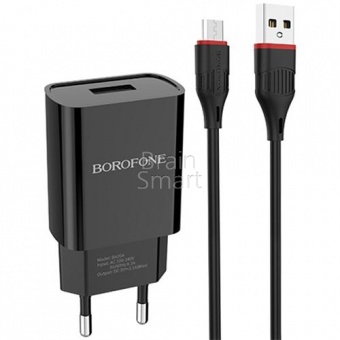 СЗУ Borofone BA20A Sharp 1USB + кабель Micro (2,1A) Черный - фото, изображение, картинка