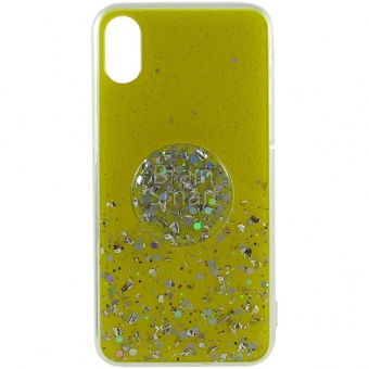 Накладка силиконовая с блестками+попсокет iPhone X/XS Желтый - фото, изображение, картинка
