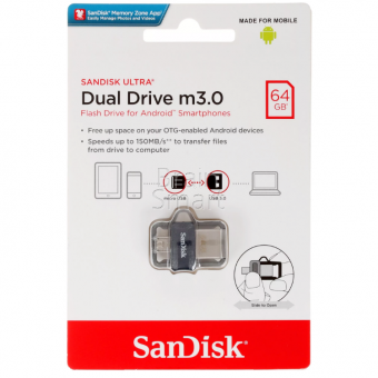 USB 3.0 Флеш-накопитель 64GB Sandisk Ultra Android Dual Micro/Type-A OTG Чёрный* - фото, изображение, картинка