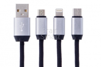 USB кабель Micro+Lightning+Type-C Aspor AC-20 в тканевой оплётке (1,2м) (2.4A) Черный - фото, изображение, картинка