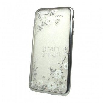 Накладка силиконовая Swarovski со стразами iPhone 6 Plus Бабочки Серебряный - фото, изображение, картинка