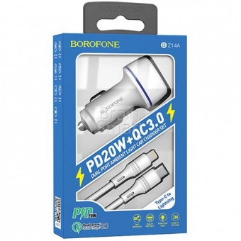 АЗУ Borofone BZ14A Mercury PD20W+QC3.0 + кабель USB-C на Lightning Белый - фото, изображение, картинка