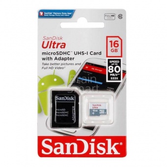 MicroSD 16GB SanDisk Class 10 Ultra UHS-I (80 Mb/s) + SD адаптер - фото, изображение, картинка