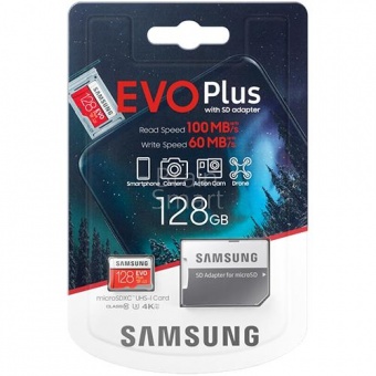 MicroSD 128GB Samsung Class 10 Evo Plus U3 (100/60 Mb/s) MC128HA + SD адаптер - фото, изображение, картинка