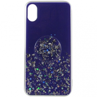 Накладка силиконовая с блестками+попсокет iPhone X/XS Фиолетовый - фото, изображение, картинка